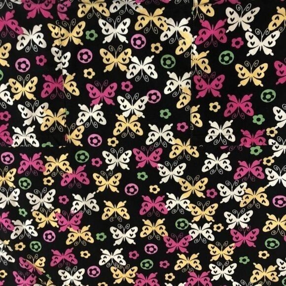 Ladies Scrub Top Size Small Butterflies Black Pink Yellow Uniform Destination - Picture 2 of 7